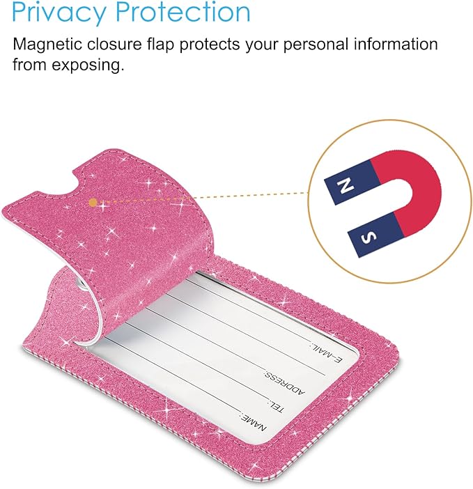 Fintie Luggage Tags, Privacy Cover ID Label with Stainless Steel Loop and Address Card for Travel Bag Suitcase - Sparkling Rose Red (2 Piece)