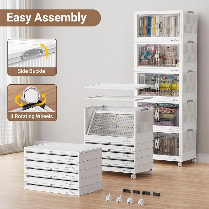 BROVIEW 400Qt Stackable Storage Bins with Lid, Extra Large Closet Organizer Collapsible Drawer Boxes with Wheels, Folding Plastic Cabinet Containers for Home Kitchen Room Organization, 5Pack White