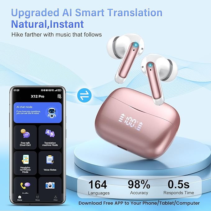 AI Translation Earbuds Real Time with Audio and Video Calls, 164 Language/7 Translation Modes Translator Earbuds Bluetooth 5.4 with APP, 48H AI Ear Buds Translator Device for Business/Learning/Travel