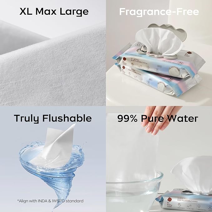 Bc Babycare Flushable Wipes, Hypoallergenic for Sensitive Skin, 99% Water, Plant-Based Fibers, Sewer + Septic Safe, Fragrance Free Toddler Potty Training, 336 Wipes, 8 Pack