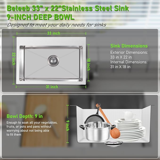 Drop In Kitchen Sink 33x22", 9" Basin Depth, 18 Gauge Stainless Steel Sink, 3D Embossed Surface Finish Top Mount with Accessories