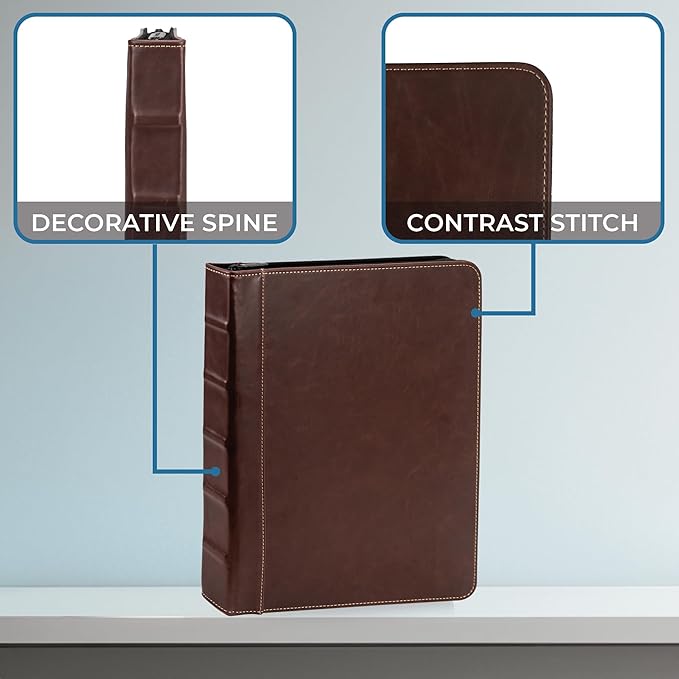 Samsill Vintage Leather Mini 3 Ring Zipper Binder, 1 Inch Round Ring Capacity (Holds 200 Sheets), 5.5 x 8.5 Inch Documents, Notebook Organizer, Planner, Brown with Contrast Stitching