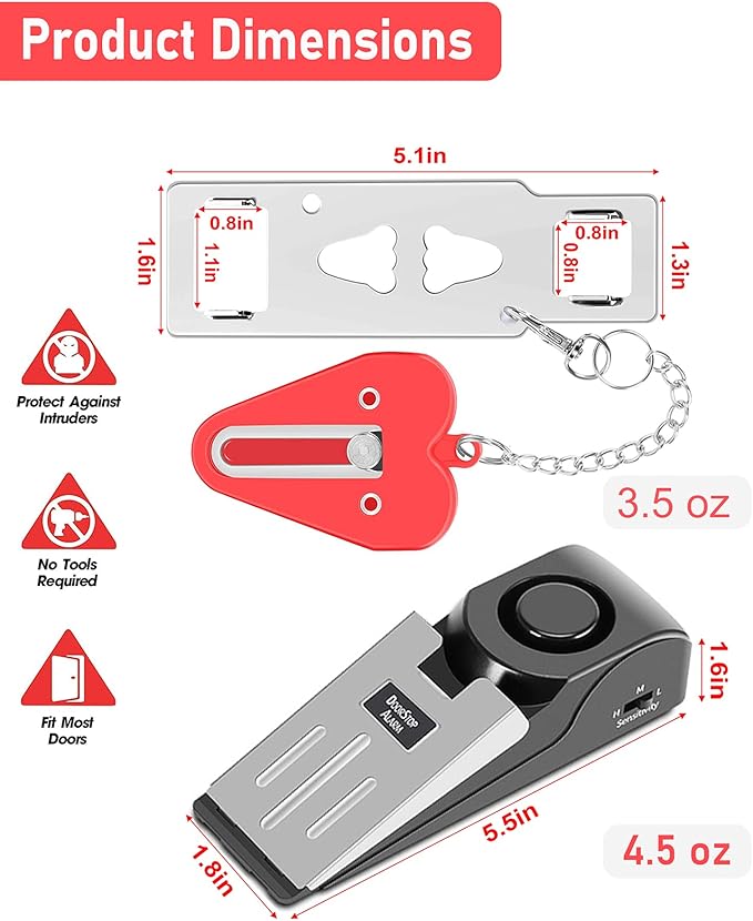MBBEST Portable Door Lock & Door Stop Alarm,Dual Protection Security Devices Pocket Door Stopper Self Defensey Tools for Hotel Travel Home Apartment House, Red/Black