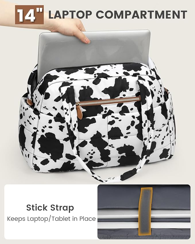 Travel Duffle Bag,Puffer Carry On Duffel Bag with Laptop Compartment Waterproof Overnight Weekender Bags for Women Large Hospital Tote Bags for Labor and Delivery(Medium,Cow Print)