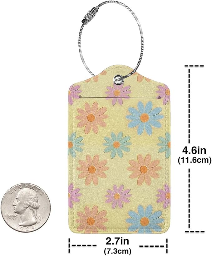 Flowers Leather Luggage Tag with Stainless Steel Ring, Fun Name Id Card Cover Travel Bag Tag Set, Suitable for Travel Bag Luggage Women Men 4 PCS