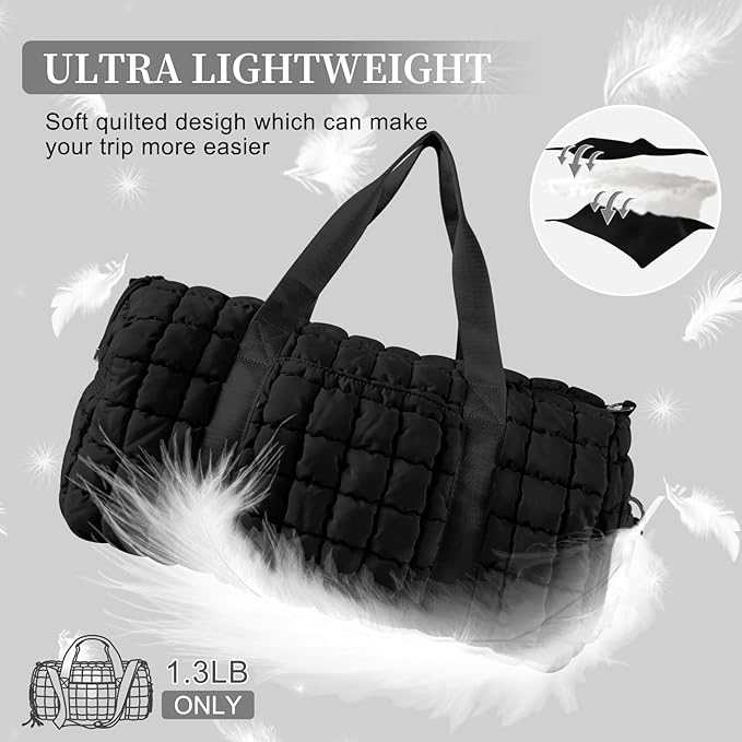 Quilted Travel Duffle Bag Gym Bag for Women,Large Puffer Duffle Weekender Bag with Compartment,Workout Overnight Carry on Organizer Bag Duffle Bag for Airplane Travel(Black)