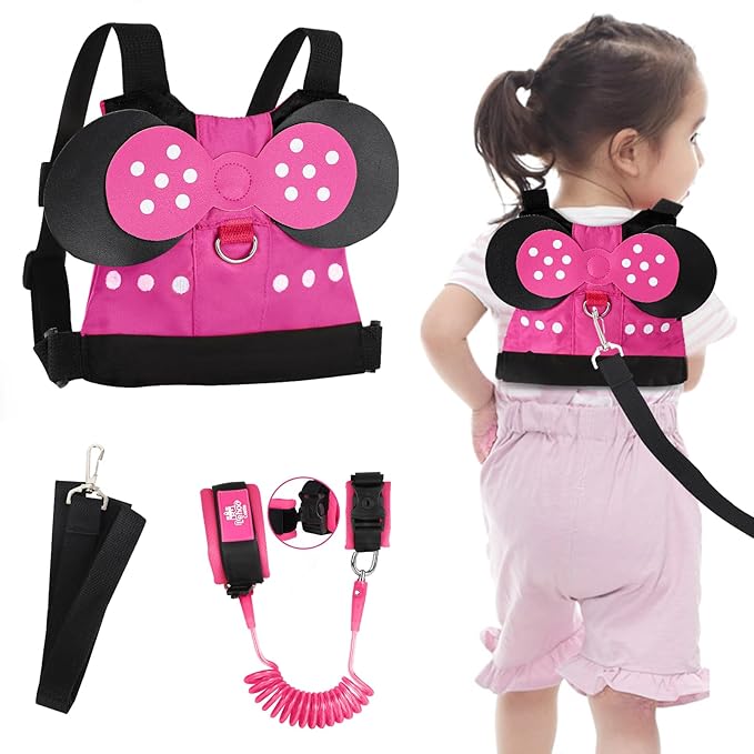 Lehoo Castle Toddler Leash for 1-5 Years, Baby Safety Harness for Girls with Anti-Lost Key Lock & Adjustable Strap, 3-in-1 Wrist Leash and Kids Backpack Harness for Walking Travel (Pink Minnie Mouse)