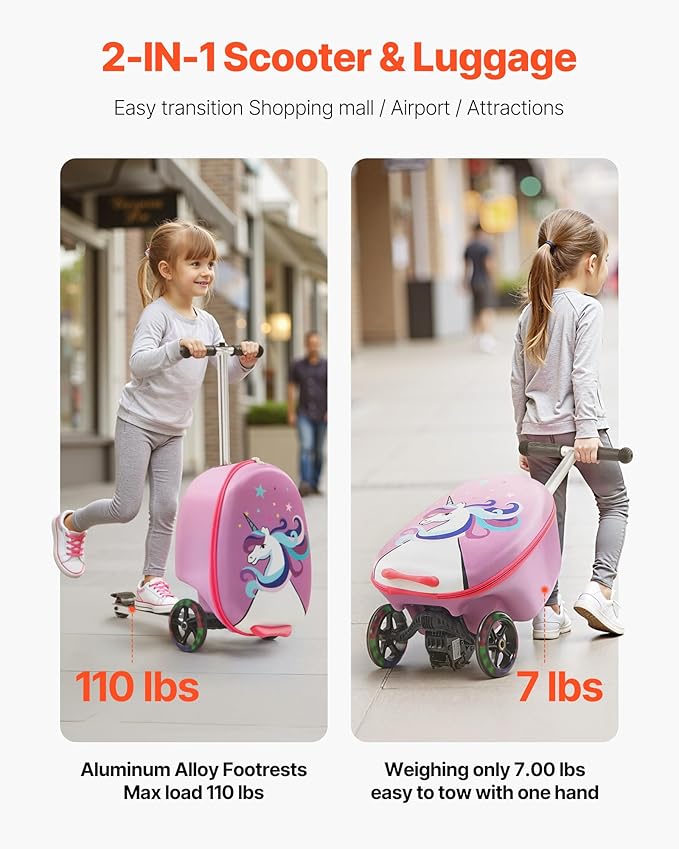 VEVOR Ride-on Luggage, 20 L Capacity, 20 Inches Kids Scooter Suitcase with Flash PU Wheels, Adjustable Handle & TPR Non-Slip Grip, Foldable & Lightweight Scooter Luggage for Kids Aged 5+, Purple