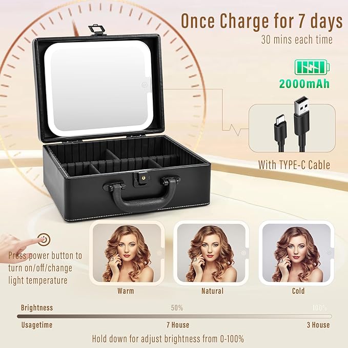 Joligrace Makeup Box with Detachable Lighted Mirror, Travel Train Case, Portable Makeup Case Cosmetic Organizer Vanity Cases for Women with Adjustable Dividers, Rechargeable Magnetic LED Mirror, Black