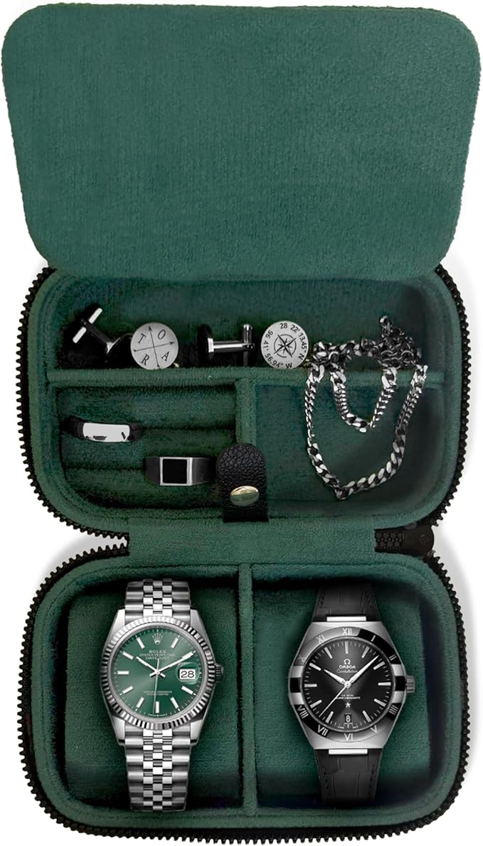 Galis Luxury Watch Case for Men High End Portable 2-Slot Watch Holder and Watch Case for Travel, Premium Watch Box for Men, Jewelry Storage Organizer, Gift for Him, Fathers, Husband (Black & Green)