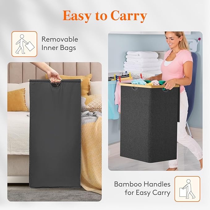 Lifewit 170L Triple Laundry Hamper with Lid, Extra Large Bamboo Laundry Basket Dirty Clothes Hamper,3 Section Laundry Bin Organizer for Laundry Room Bedroom with 3 Removable Liners & Bags, Dark Gray