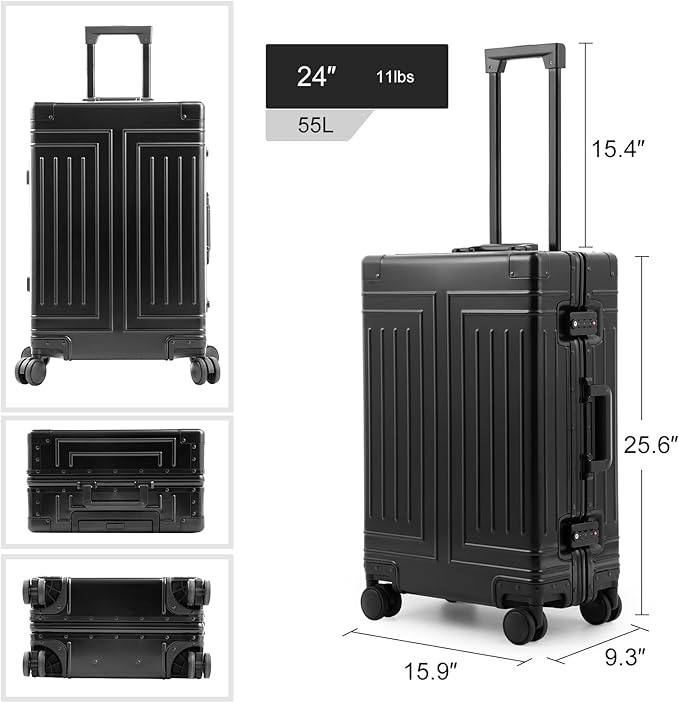 All Aluminum Magnesium Carry On Luggage，Cut from Whole Aluminum Sheet，22x14x9 Airline Approved ，（3rd Generation，Premium Magnesium Metal zipperless suitcase ） (black, 24inch)