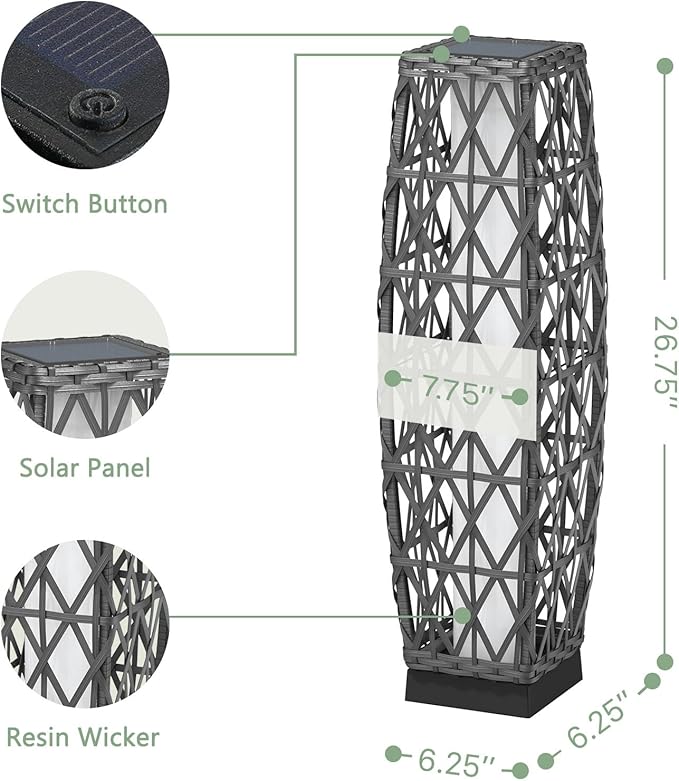 Grand patio Solar Outdoor Floor Lamp Wicker Lantern Decoration Light for Deck Garden Lawn Porch-Medium Cindy, Silver Gray