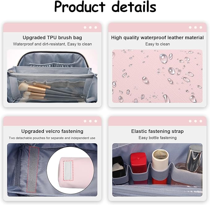 BOYATU Travel Makeup Bag Organizer Cosmetic Bag: 3 Pcs Set Make up Bags for Women with Handle - Waterproof Vegan Leather Toiletry Bags with Comparments (D-04-Pink)