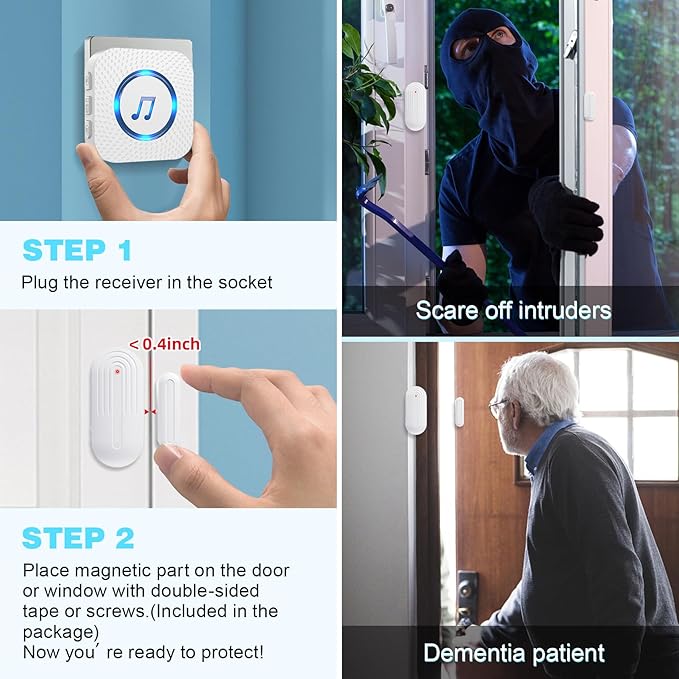 SanJie Door Chime, Door Open Contact Sensor Alarm for Business/Store/Home/Office When Entering, with 500 FT Range,26 Chimes 5 Adjustable Volume 2 Receivers +2 Sensors