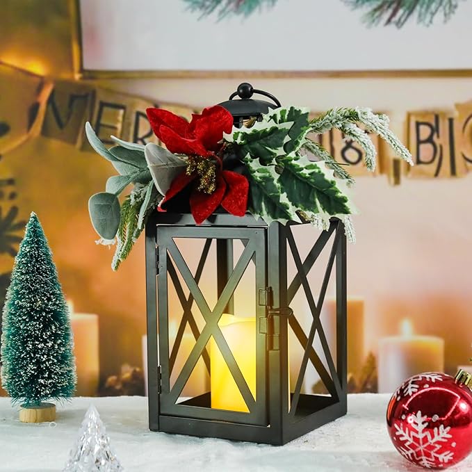 Christmas Lantern Outdoor Deror 13", 2 Pack Waterproof LED Hanging Decorative Candle Lantern with Berries Decor for Garden, Porch, Gift for Family, Friends, Women