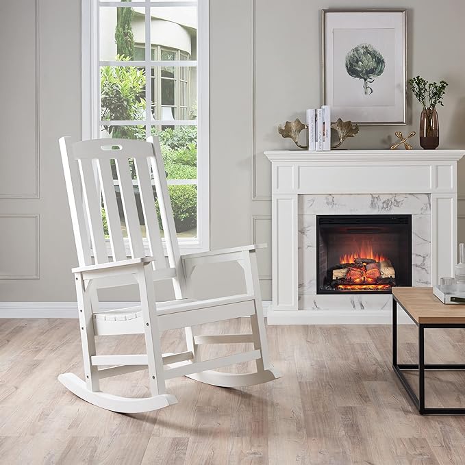 Psilvam Oversized Outdoor Rocking Chair, with 21" Wide Seat and 32" Tall Backrest, Pre-Assembled with Most Components for Effortless Installation (White)