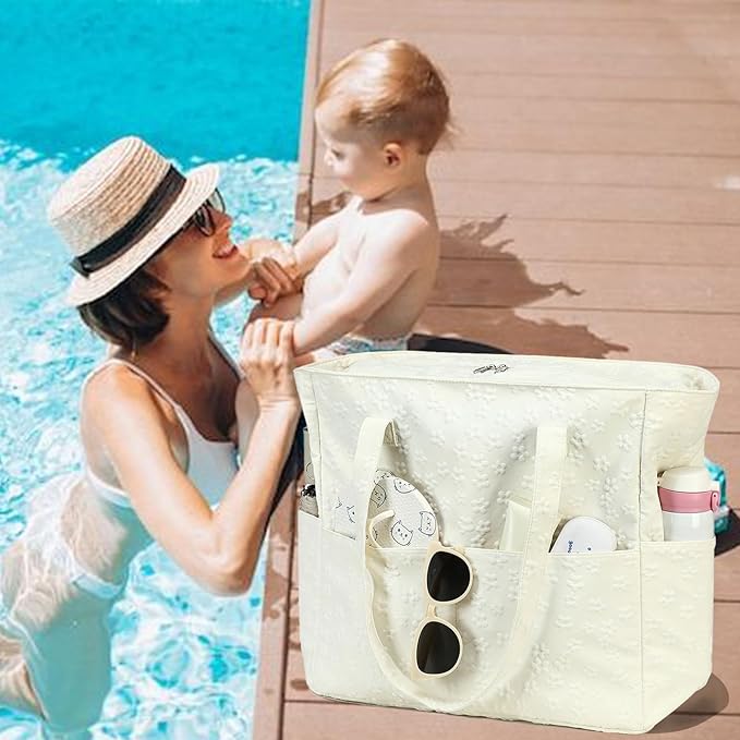 LEDAOU Large Beach Tote Bag Women Waterproof Sandproof Zipper Beach Tote Bag for Pool Gym Grocery Travel with Wet Pocket