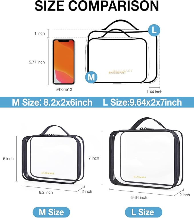 BAGSMART TSA Approved Clear Toiletry Bag, 2 Packs Quart Size Water Resistant Makeup Cosmetic Bags for Women, 2 Sizes Airport Airline Travel Essential Carry On Organizer with Handle Large Opening