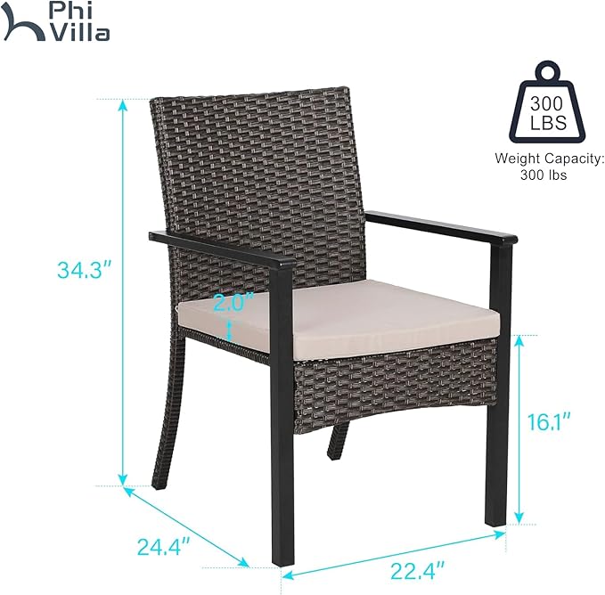 PHI VILLA Outdoor Wicker Chairs Set of 4, Rattan Covered Metal Armchairs with Removable Cushion, Heavy Duty Furniture Set for Patio, Deck, Porch, Yard