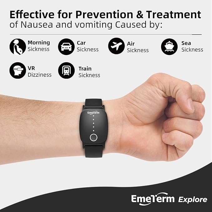 EmeTerm Explore FDA-Cleared Galaxy Black and Navy Blue Anti-Nausea Wristband IP67 Waterproof Morning Motion Travel Sickness Vomit Relief Rechargeable No Gel Drug Free Without Side Effects (2 Pack)