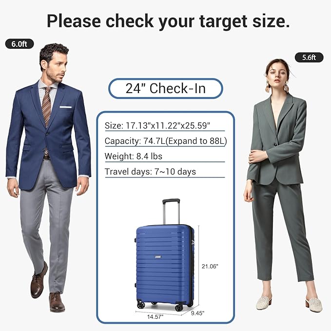 Kono 24 Inch Expandable Luggage Suitcase with Spinner Wheels, Durable Hardside Checked Luggage with Hidden Cup Holder, Lightweight Hard Shell Medium Suitcase with TSA Lock(Navy)