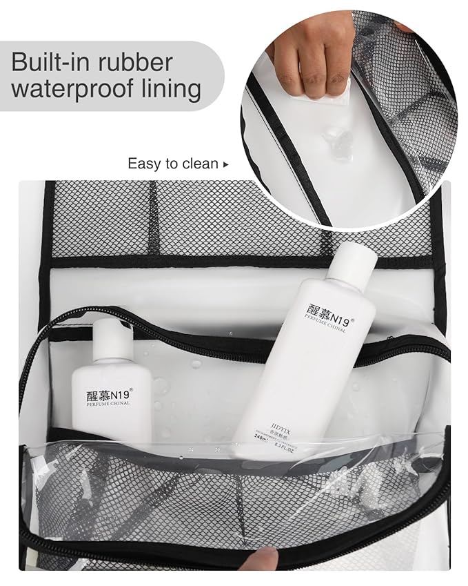 Relavel Travel Hanging Toiletry Bag for Men Women Travel Kit Shaving Bag Waterproof Large Makeup Bag Wash Bag Makeup Organizer Cosmetic Case for Bathroom Shower Semitransparent