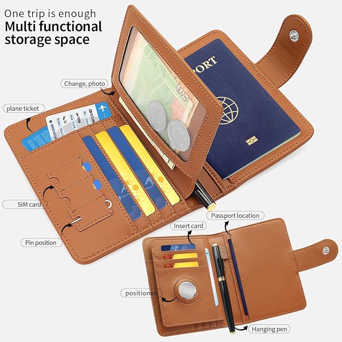 Passport Holder Wallet Bag with AirTag Holder, Card Slots Passport Solt Ticket Cash Solt, Photo Solt Sim Card Pen Slot.Brown