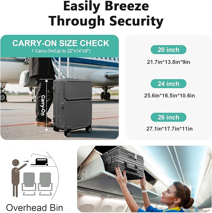 Hard Shell Luggage 20 Inch Travel Suitcase, 22x14x9 Airline Approved with TSA Lock, ABS Aluminum Frame, Lightweight Travel Luggage 20'' 24'' 26'' Carry-on Luggage (Upgraded Grey, 20 Inch)