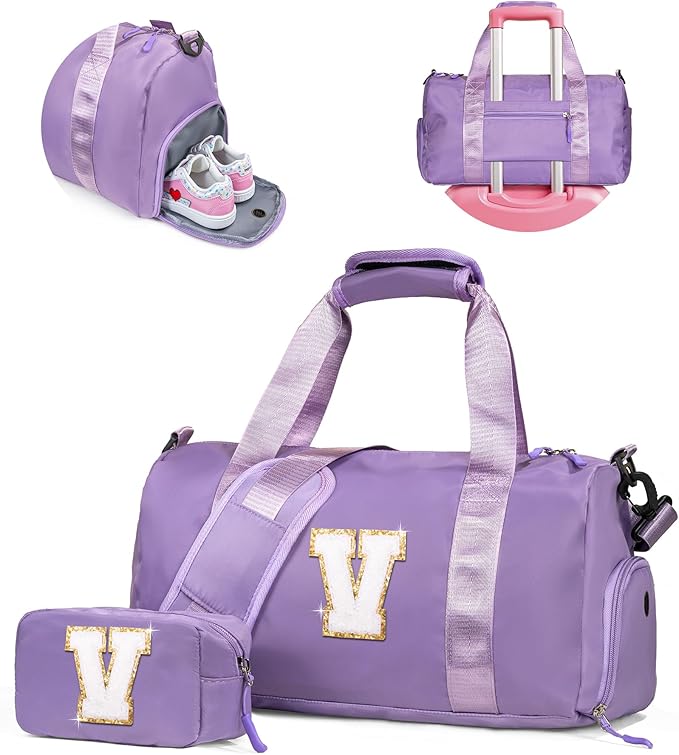 Girls Gifts 9-10 Year Old-Girl Gym Bag with Shoe Compartment, Kid Personalized Weekender Overnight Bags, Initial Travel Tote with Makeup Pouch, Kids Easter Gift (Letter V)
