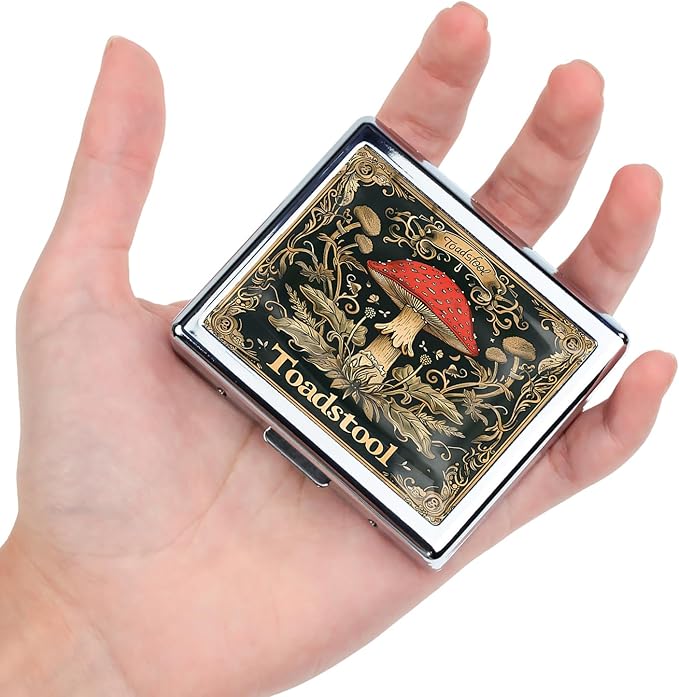 Cute and Stylish Metal Pill Box - Compact Portable Pill Organizer with 8 Compartments, Food-Grade Divider, Ideal for Travel, Vitamins, Jewelry, Cosmetics (Enchanted Toadstool)