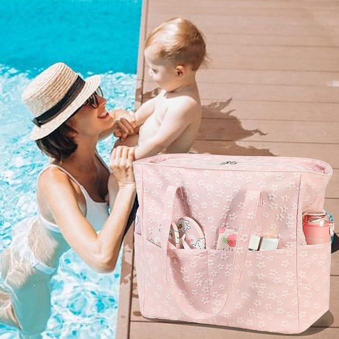 LEDAOU Large Beach Tote Bag Women Waterproof Sandproof Zipper Beach Tote Bag for Pool Gym Grocery Travel with Wet Pocket