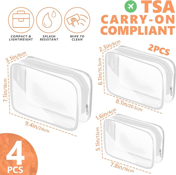 AURUZA 4 Pack Clear Toiletry Bag, Portable Travel Makeup Pouch with Zipper, TSA Approved Organizer, PVC Cosmetic for Airport Airline Compliant