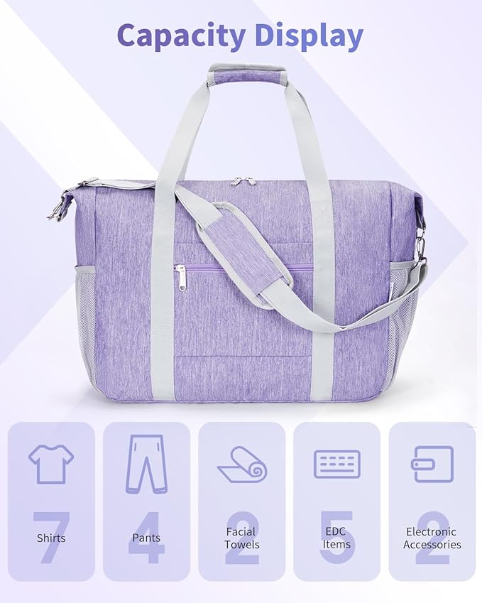Narwey 18x14x8 Inches Travel Bag Spirit Airlines Frontier Personal Item Bag, Travel Duffel With Wet Pocket Carry on Bag for Airplane Underseat Duffle Overnight for Women and Men (Purple)