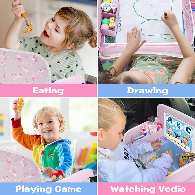 MENZOKE Kids Travel Tray, Car Seat Tray for Long Road Trips & Airplane Rides, with Cooler Cup Holder, Educational Dry Erase Board & Tablet Holder, Cute Unicorn Print, Light Purple