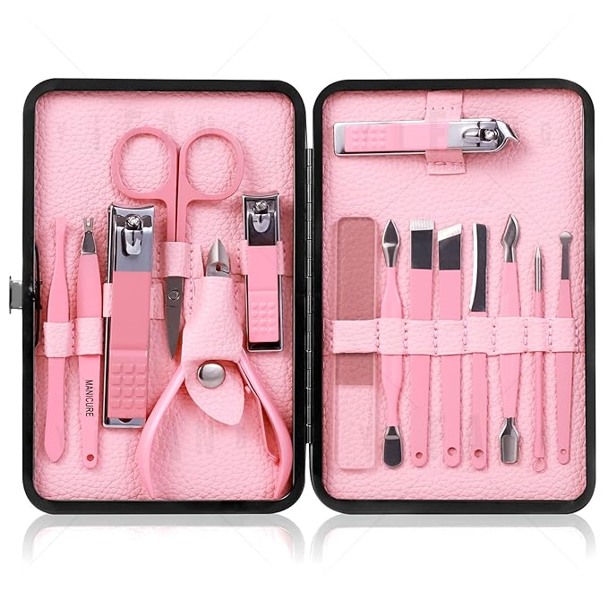 Women' Manicure Set Pedicure Kit Nail Clippers Set Fingernail Clipper Set Ingrown Toenail Nail Kit Scissor Nail Trimmer Kit 15 in 1 Travel Nail Kit Care Grooming Tools with Fine Case Gift (Pink 15)