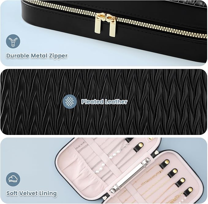 Lolalet Travel Jewelry Organizer, Jewelry Storage Case with Pocket, Earrings Necklaces Bracelets Ring Zippered Storage Pouch for Women -Black