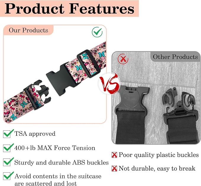 Butterfly Luggage Straps for Suitcases TSA Approved, Luggage Identifiers for Suitcase, Adjustable Suitcase Strap for Baggage Security with Cute Patten, Travel Necessary Accessories (2Pack)