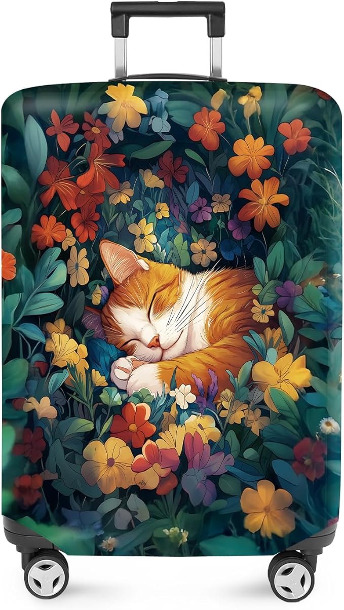 ANNA QUEEN Dreamy Cat Luggage Cover, Cat Sleeping in a Flower Field Design, Stretchable, Washable Travel Protector for 20-22 Inch Luggage