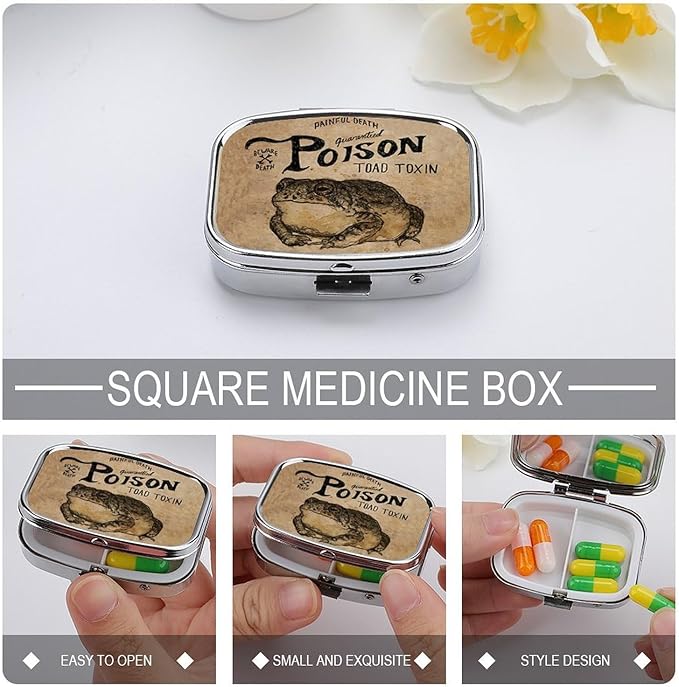 Metal 2 Compartment Pill Organizer Travel Friendly Portable Compact Pill Box Cute Pill Case to Hold Vitamins,Fish Oil,Supplements,Meds,Tablet for Purse,Pocket. (Poison Frog)