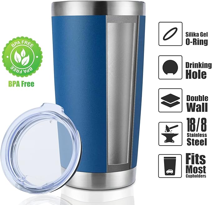 DOMICARE 20oz Stainless Steel Tumbler Bulk with Lid, Double Wall Vacuum Insulated Travel Mug, Powder Coated Coffee Cup (Dark Blue, 1)