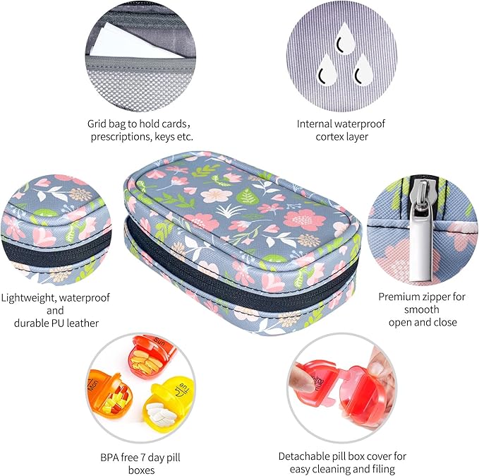 Serfeymi Weekly Travel Pill Organizer 2 Times A Day AM PM Upgraded Rainbow Pill Box 7 Day with Portable Zipper PU Leather Pill Case, Medicine Organizer for Pills, Vitamins, Fish Oils - Floral 02