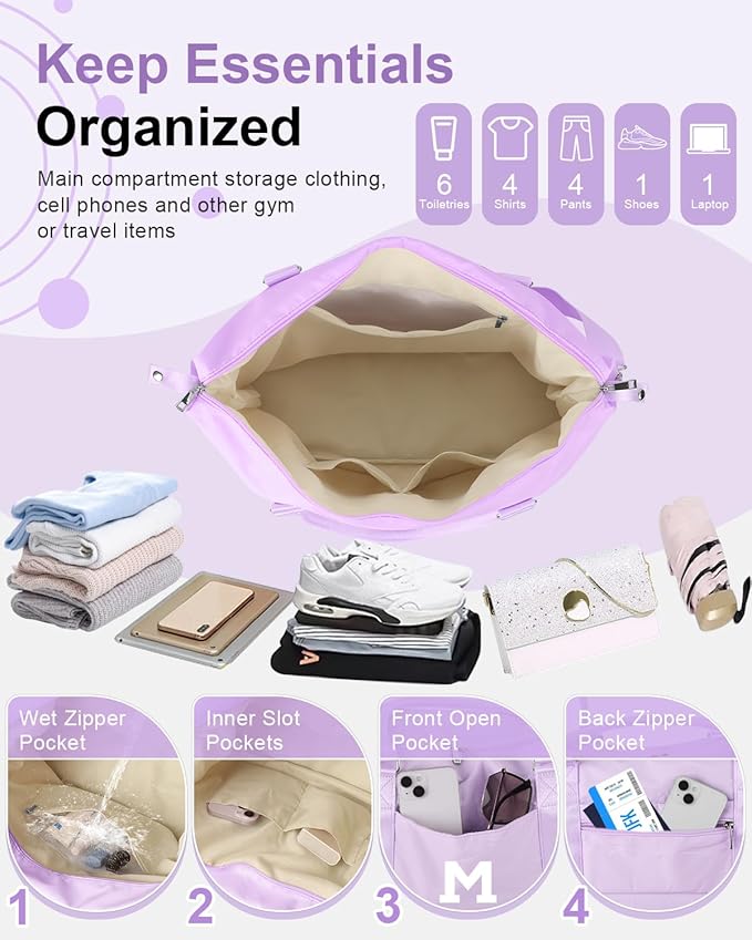 Daughter Niece Gifts for Teen Girl Kids, Initial Travel Duffel Bag Sports Gym Bag Personalized Gifts Weekender Bag，Monogram Overnight Bag Cute Dance Bag Birthday Bridesmaid Gifts for Women(Purple, M)