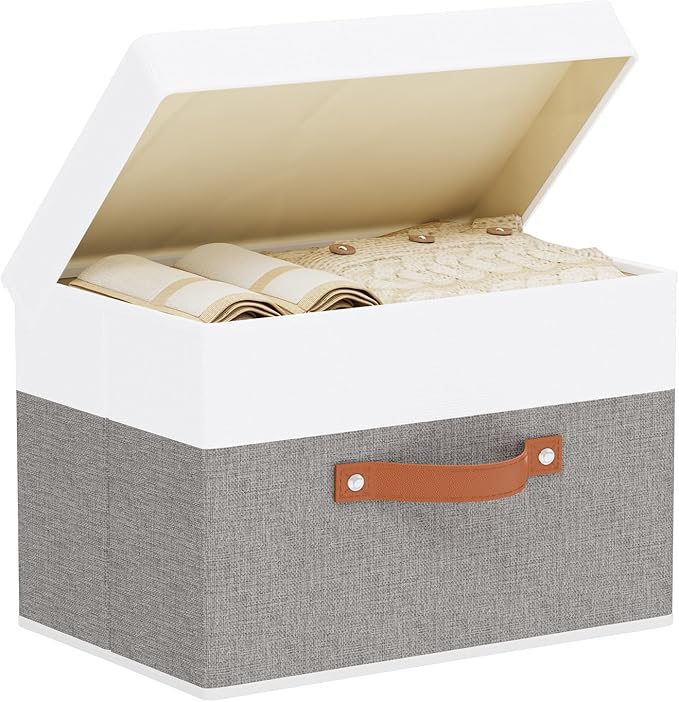 Fabric Storage Bins with Lids, 1 Pack Linen Foldable Cloth Baskets, 15 x 9.8 x 9.8 Inch Closet Organizer Containers with Double Handles, Sweater Boxes for Bedroom, White and Grey