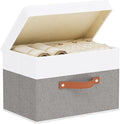 Fabric Storage Bins with Lids, 1 Pack Linen Foldable Cloth Baskets, 15 x 9.8 x 9.8 Inch Closet Organizer Containers with Double Handles, Sweater Boxes for Bedroom, White and Grey