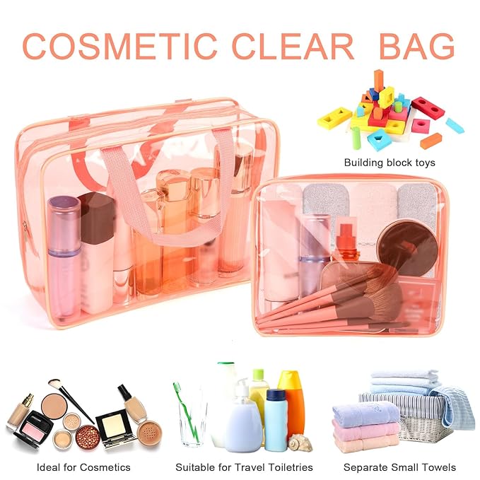 APREUTY Clear Makeup Bags, TSA Approved 6 Pcs Cosmetic Makeup Bags Set Clear PVC with Zipper Handle Portable Travel Luggage Pouch Airport Airline Vacation Organization (Peach)