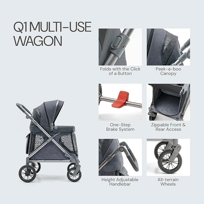 Familidoo Q1 Multi-Use Kids Wagon Stroller – Foldable, Lightweight & All-Terrain for Kids & Pets – 5-Point Safety Harness, Rain Cover & Compact Travel Design – Supports Up to 132 lbs (Charcoal Gray)