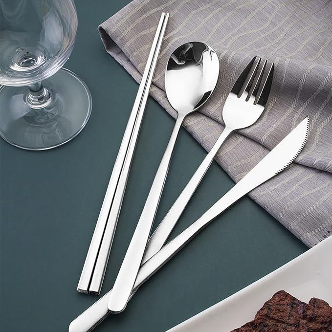VANRA 4-Piece Portable Travel Utensils Set with Case 18/8 Stainless Steel Flatware Set Reusable Cutlery Set with Fork Spoon Knife Chopstick for Lunch Travel Camping School Work Picnic (Silver)