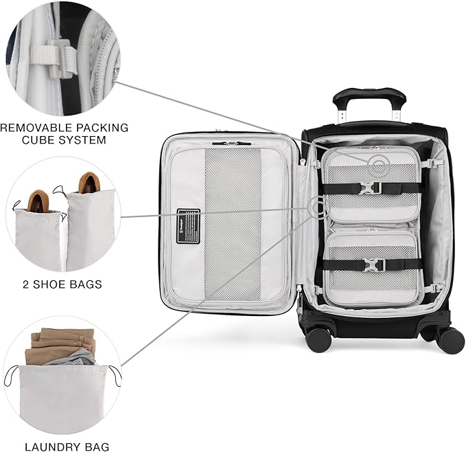 Travelpro VersaPack+ Lightweight Softside Expandable Carry on Luggage, 8 Spinner Suitcase, TSA Lock, Men and Women, Compact Carry On 20-Inch, Black