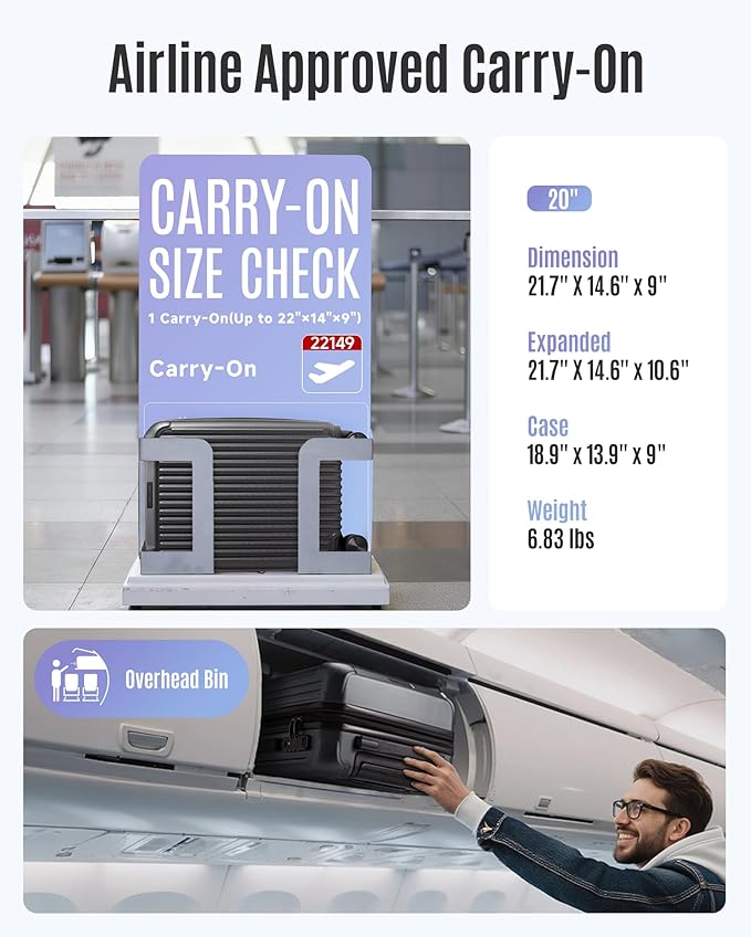 LIGHT FLIGHT Carry On Luggage 22x14x9 Airline Approved, Durable Hard Shell Carry On Suitcases with Wheels, Expandable Hardside Lightweight Travel Luggage with TSA Lock 20 Inch Carry on, Glacier Gray